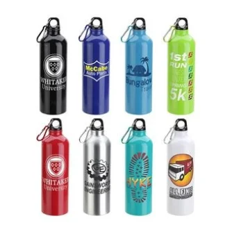 Eight water bottles in different colors, each with a unique logo graphic.