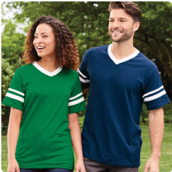 Two people in contrasting shirts, one in green and the other in blue.